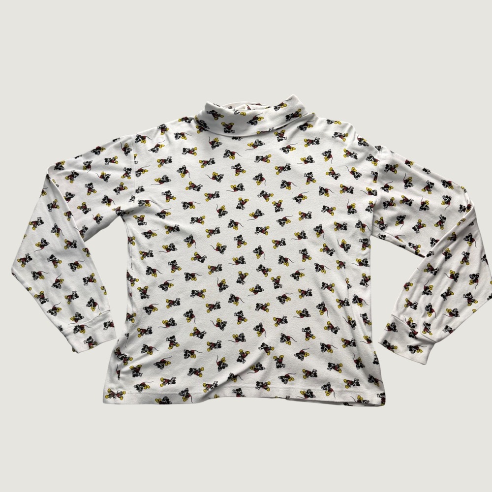 Mickey & Co Mock Neck Top Large Vintage Disney All Over Print Cotton White 90s